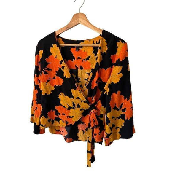 TOPSHOP Big Bloom  Multicolore Tie Wrap Blouse Gold Leaves Size 2 XS Fairy - Picture 3 of 12